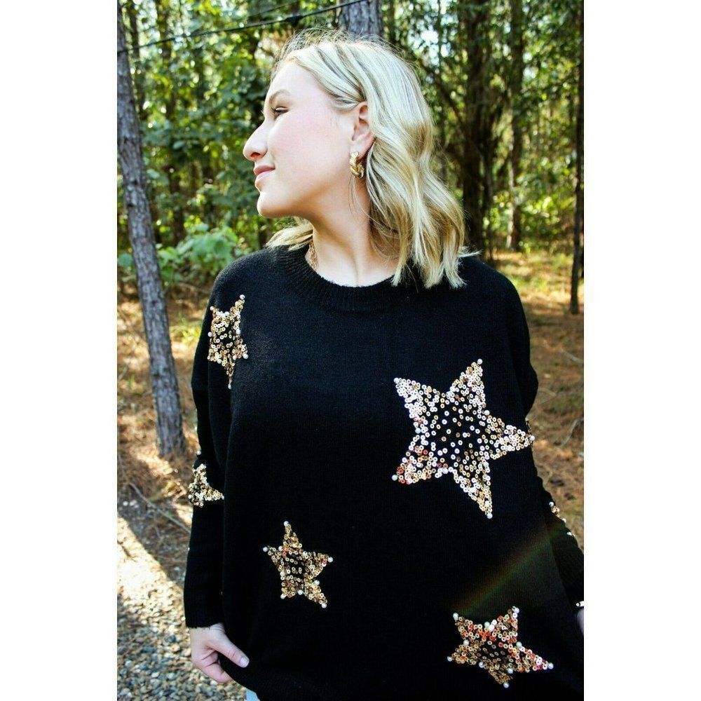 Fantastic Fawn Oh My Stars Sequin + Pearls Sweater in Black IFKT54447-01